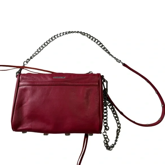 Rebecca Minkoff Red Leather Mini Mac Crossbody Bag Silver Chain Strap Designer - Picture 3 of 16